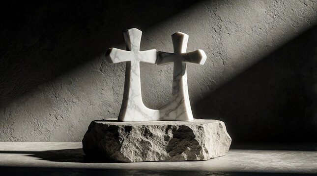 Two white marble crosses stand on rough stone base. Dramatic side light illuminates sculpture against dark textured wall. Minimalist art implies faith and purity. Copy space available.