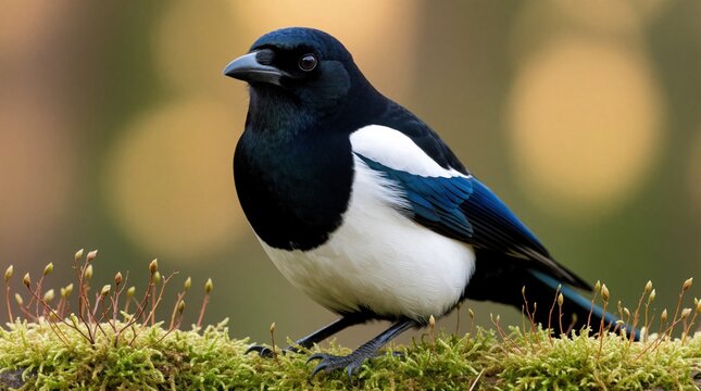 Black and white bird with blue wing feathers sits on mossy log. Detailed close-up view of a magpie in natural habitat. Soft green and yellow bokeh background.