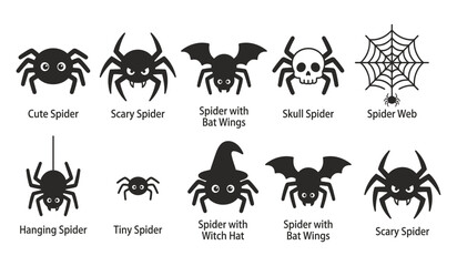 Fototapeta premium Set of black spider icons for halloween featuring various cute and scary designs with bat wings skulls and witch hats