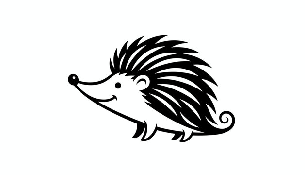 Cute little hedgehog black and white vector outline illustration showing happy wild animal in profile view.