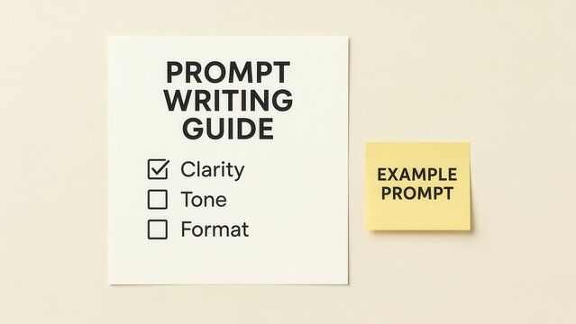 Prompt writing guide checklist with an example sticky note. Useful for AI art creation and technology education concepts.