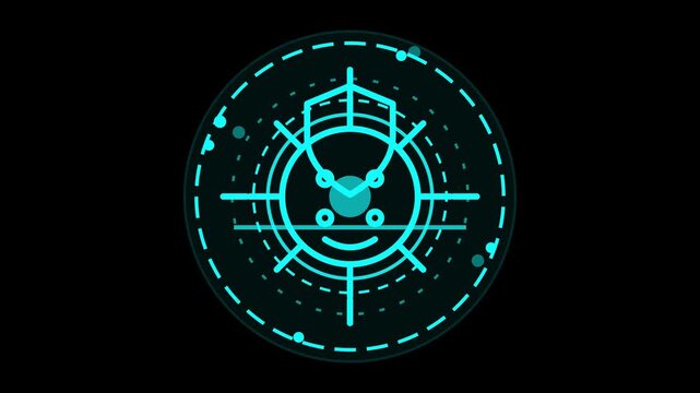 Futuristic neon cyan HUD interface circle graphic element with sci-fi radar target reticle, digital aiming system, and cyber tech UI components
