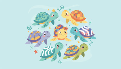 Obraz premium Cute baby turtles swimming in a playful circle under water with bubble elements in minimalist vector design.