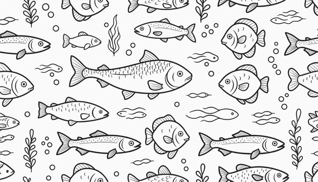 Seamless black and white pattern of diverse swimming fish and aquatic plants, perfect for children coloring.