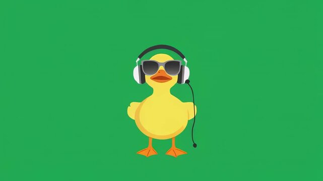 Animated cartoon duck with headphones and sunglasses dances energetically on green screen background