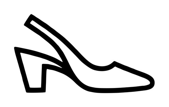 Hand-drawn black outline vector icon illustration of a classic slingback women's high-heeled pump shoe with stiletto heel, minimalist line art style