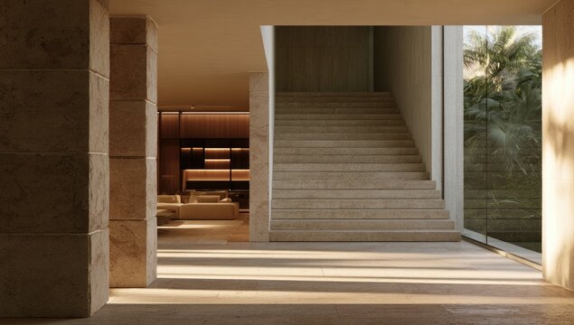 Minimalist modern villa entrance with stone staircase and warm sunlight.