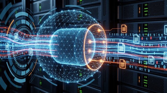 Digital network security concept with glowing blue sphere, data stream. Cyber security shield protects information files in cloud server. Futuristic tech interface monitors binary code flow for data