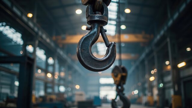 A heavy industrial crane hook hangs in a blurred warehouse environment. This image represents themes of construction, logistics, and manufacturing efficiency.