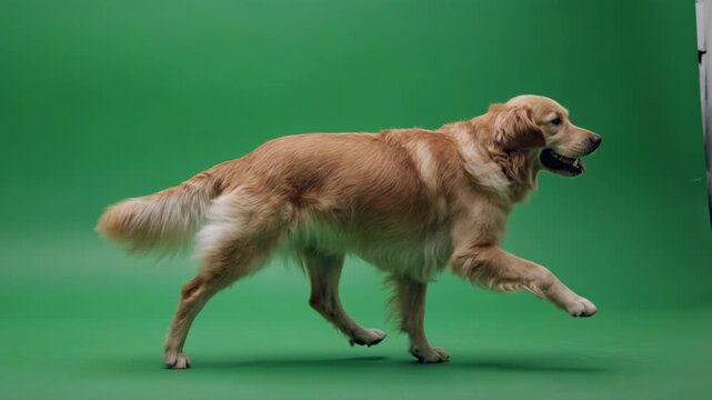 Golden retriever dog trotting gracefully across a green screen with natural lighting for commercial use