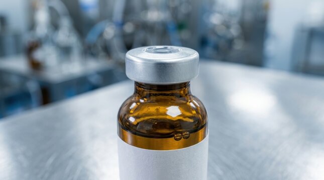 Amber Glass Vial with Silver Cap on Stainless Steel Table in Pharmaceutical Manufacturing Lab Setting for Drug Development and Healthcare Research