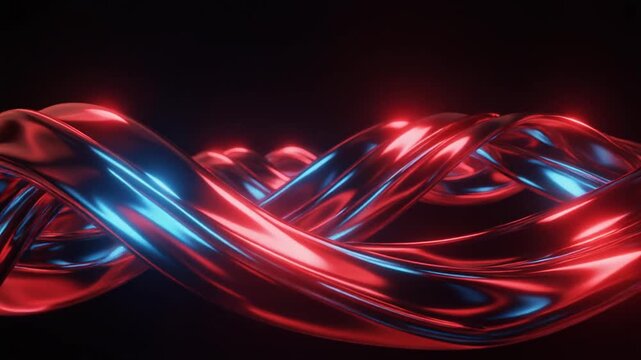 High-end 3D animation of flowing chrome metallic ribbons with red and blue neon reflections. Perfect futuristic abstract motion graphics video.