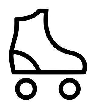 Hand-traced black vector icon illustration of a classic four-wheel roller skate boot silhouette featuring a high-top ankle design with visible laces and two circular wheels arranged on a flat bottom