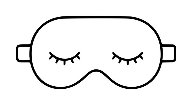 Hand drawn line art sleep mask icon with closed eyelashes, simple black outline vector illustration for spa and beauty designs