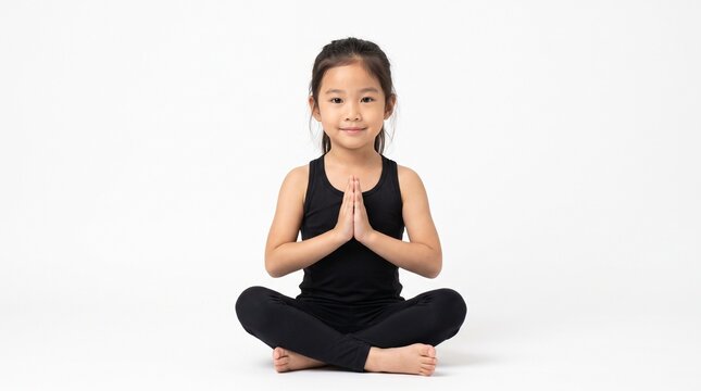 Cute Asian little girl sitting in lotus yoga pose with hands in prayer position isolated on white background.
