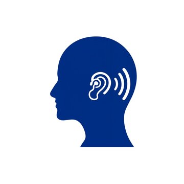 Blue silhouette of human head profile with ear icon and sound waves representing auditory perception and hearing health