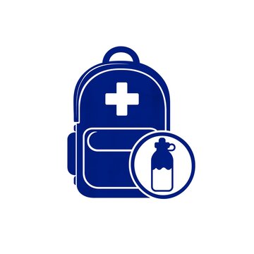 Essential emergency preparedness backpack icon, featuring a prominent medical cross and a hydration bottle, symbolizing readiness for first aid situations, outdoor safety, and survival needs