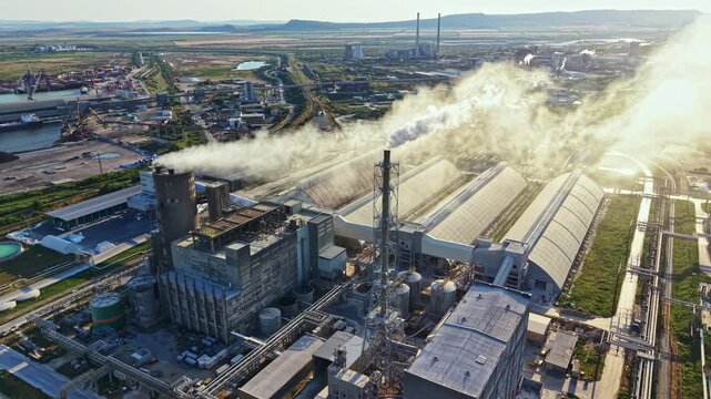A view shows large industrial structures with smoke rising from stacks in a remote location. Pipes connect various parts of the facility. The sky is clear and blue.