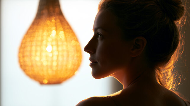 A back and profile view of a woman with her hair tied in a bun, looking toward the left side of the frame. her shoulder and back are and softly lit. next to her profile hangs a glowing. Ai generat