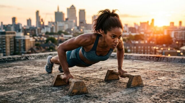 Athletic Woman Doing Pushups With Parallettes On City Rooftop At Golden Hour For Urban Fitness Training Session Focused On Strength And Core Stability