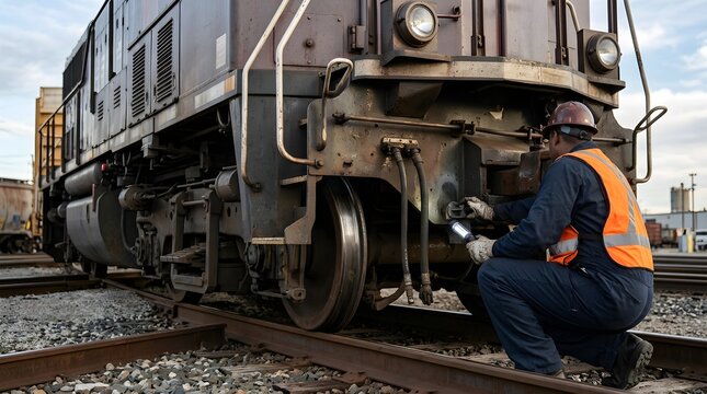 Railroad technician crouching to inspect a train locomotive engine with a flashlight at a railyard