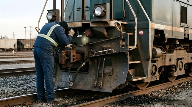 Railroad worker inspecting a train locomotive engine coupler with a flashlight at a rail yard