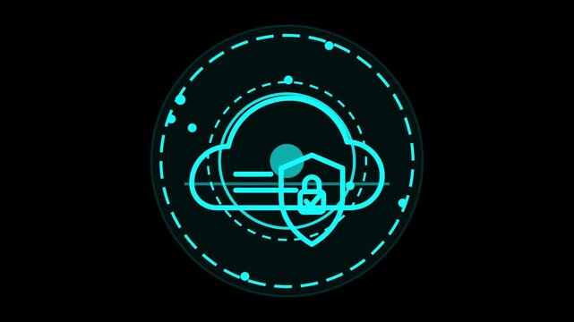 Dynamic glowing cloud security icon featuring a protective shield and padlock, symbolizing robust data protection, network safety, and advanced digital technology concepts