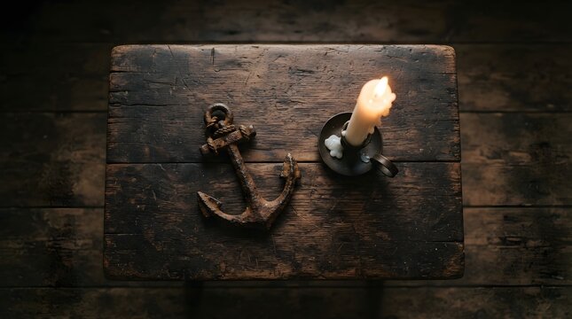 Cozy Nautical Scene with Anchor and Candle on Wooden Table