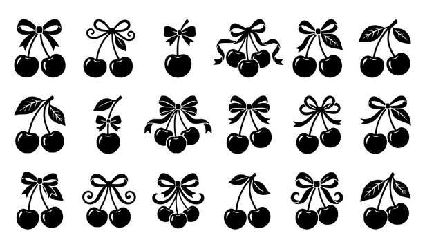 Black cherry illustrations collection featuring decorative cherries with leaves, bows, ribbons, and assorted ornamental fruit arrangements