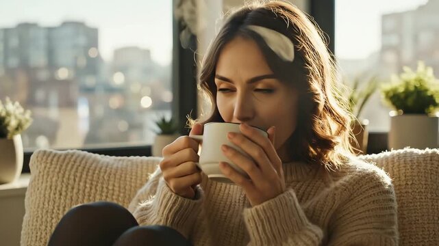 Woman drinking hot coffee at home on sunny morning