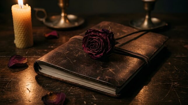 Elegant Romantic Journal with Dark Rose on Vintage Leather Cover
