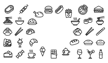 Fototapeta premium Gastronomy Line Icon Collection with Food Fast Food Desserts Asian Cuisine and Drink Symbols