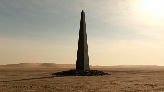 A centered wide shot captures a dark grey obelisk rising from a flat desert landscape. Ai generat