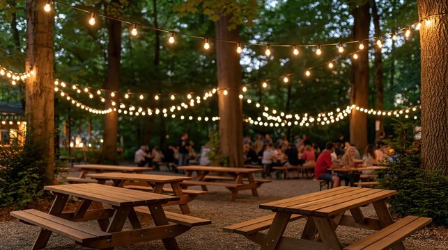 outdoor beer garden at night