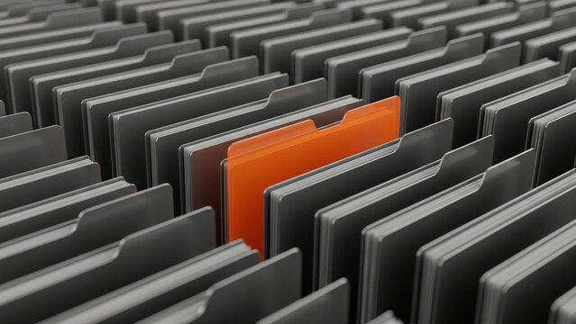 3D rendering of numerous rows containing dark gray file folders with a single bright orange folder positioned in the middle to emphasize selection, data search, and organization.