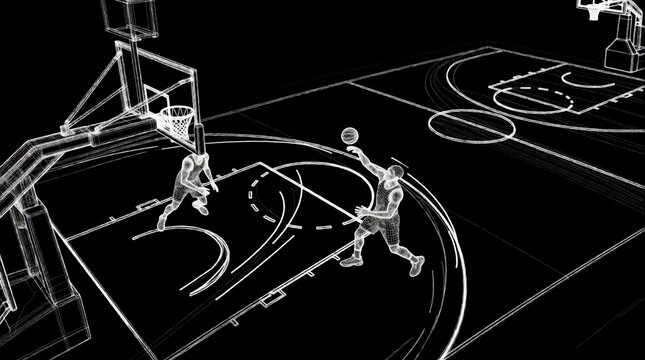 High angle wireframe view of basketball court with players, ball. Digital white lines on black background show game strategy, court layout, athletic movement. Abstract 3D rendering of sports arena