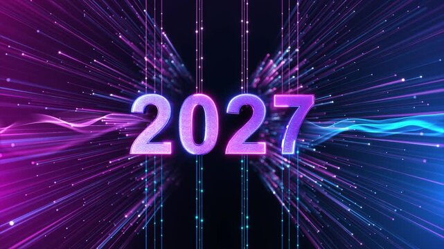 Electric new year 2027 typography appears neon tunnel particles, beams, flowing digital lines. futuristic New Year reveals, tech conferences, innovation campaigns, event countdowns, intros, dynamic 3D