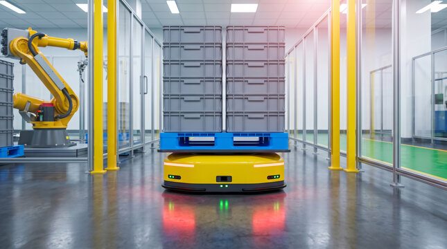 Warehouse robot worker autonomous mobile robot carrying pallet inside factory corridor. smart future technology automation. factory industry machine control, logistic shipping delivery storage