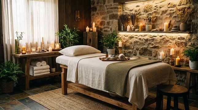 Serene spa massage room with treatment bed, candles, plants, and stone wall.