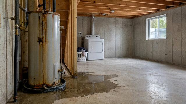 Failed water heater leaking on a basement floor - insurance claim - copy space