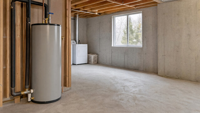 New water heater installed on a dry basement floor - insurance claim - copy space