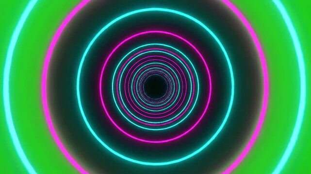 Glowing neon energy ring tunnel zoom overlay seamless loop motion graphic on chroma key green screen background