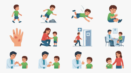 Fototapeta premium Sleek Illustrated Guide to Child First Aid and Medical Visit Steps with Bright Colors and Engaging Characters