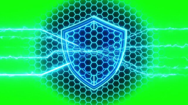 Glowing cyan hexagon grid honeycomb shield pattern overlay seamless loop motion graphic on chroma key green screen background