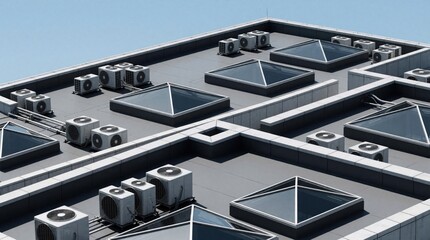 Fototapeta premium Aerial view of modern building rooftop with many air conditioning units, glass skylights. Grey flat roof features geometric structures, cooling systems under blue sky. Industrial HVAC equipment