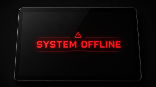 A tablet screen displays a red warning message "SYSTEM OFFLINE" with a caution symbol, indicating a system or network failure.