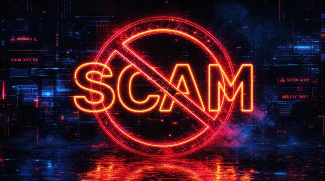 Neon red "SCAM" text crossed out on a digital dark background, symbolizing fraud prevention and cybersecurity alerts.