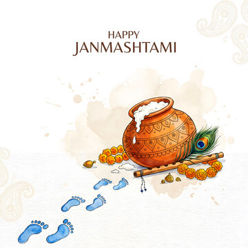 Happy Janmashtami dahi handi matki pot with flute and blue footprints vector