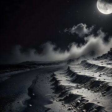 Mysterious moonlit beach with rugged cliffs and stormy clouds under a half-lit sky