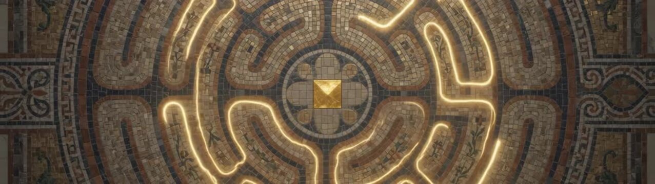Golden glowing light outlining a complex mosaic labyrinth representing challenge journey and problem solving to reach a goal.